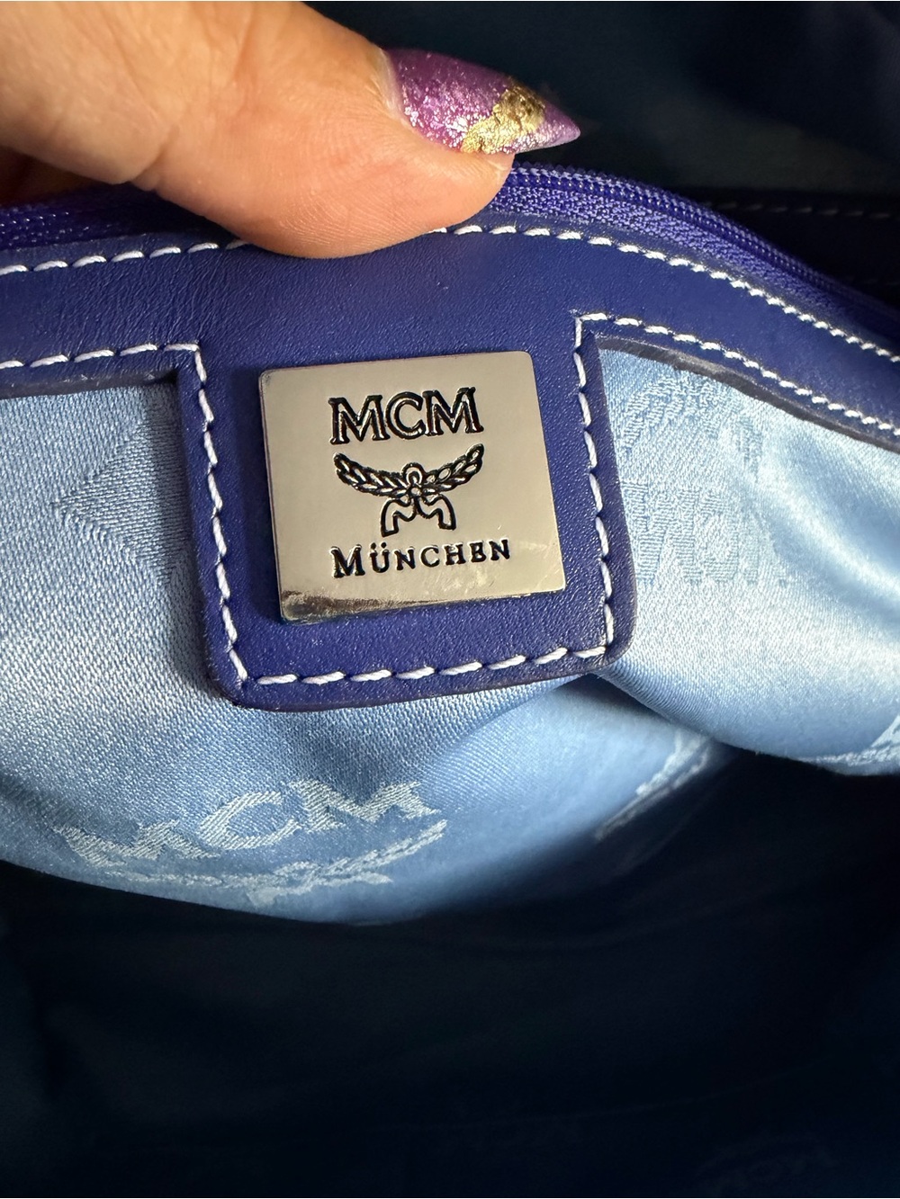 MCM Cream Satchel with Blue Trim and Yellow Accents - Picture 9 of 14